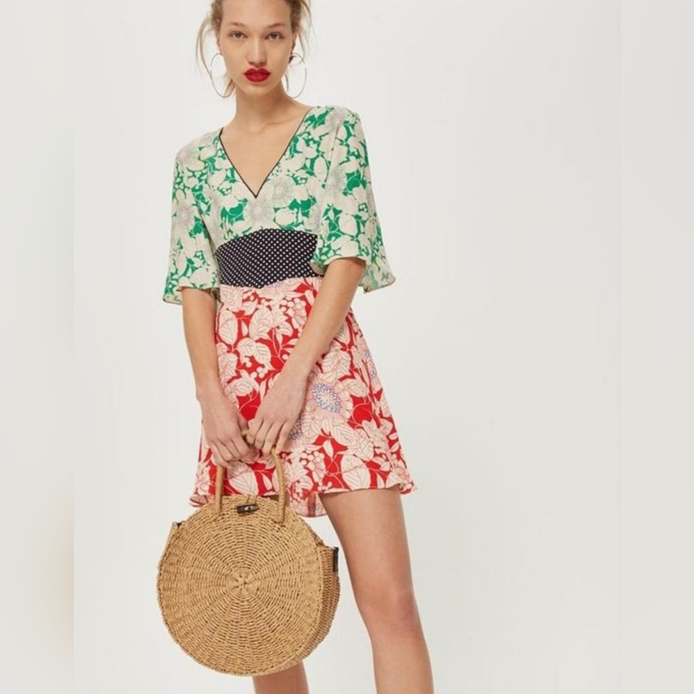 Topshop Floral Polka Dot Mixed Print Open Back Aline Mini Dress